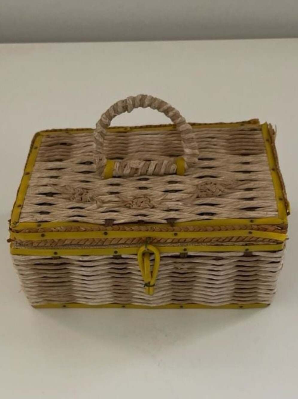 Vintage Dritz Woven Wicker Sewing Basket with Quilted Satin Lining Bright Yellow